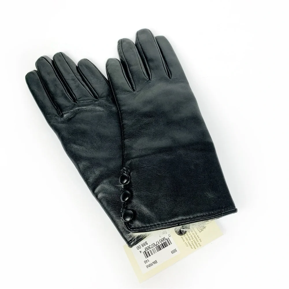 Sleek Black Authentic Leather Gloves With Real Off White Fur Lined Cuffs